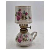 Vintage Miniature Ceramic Oil Lamp – Floral Rose Pattern with Brass Fittings