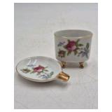 Vintage Porcelain Mustache Cup and Saucer – Floral Rose Pattern with Gold Trim