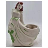 Vintage Ceramic Lady Figurine Planter – Red Hair Green Dress Accents