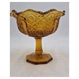 Amber Depression Glass Compote – Intricate Geometric Cut Bowl