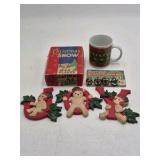 Vintage Christmas Lot – Mica Snow Box, Sleigh Bells, Bear JOY Wall Decor, Reindeer Mug