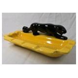 Vintage Yellow Ceramic Ashtray with Black Panther Figurine