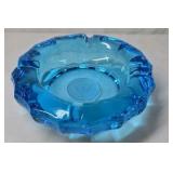 Vintage Blue Glass Ashtray – Scalloped Rim Embossed Eagle Medallion