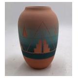 Vintage Sioux Pottery Vase – Teal Gradient Stepped Pueblo Design Signed
