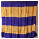 Vintage Knitted Afghan – Purple and Gold Striped with Textured Panels