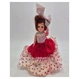 Vintage Small Brunette Vinyl Doll – Red Polka Dot Dress Large Bow