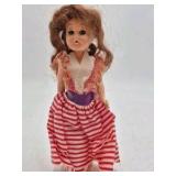 Vintage Small Vinyl Doll – Striped Red White Dress Fringed Top Pigtails
