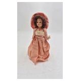 Vintage Miniature Doll – Peach Satin Dress with Oversized Bonnet