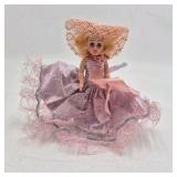 Vintage Miniature Doll – Pink Satin Dress with Net Overskirt and Large Bow Hat