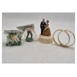 Vintage Miniature Cake Toppers and Wedding Rings – Bride Groom Bowler and Football Players