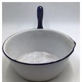 Vintage White Enamel Saucepan with Blue Rim