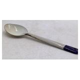 Vintage White Enamel Serving Spoon – Graniteware with Blue Handle Tip