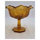 Amber Depression Glass Compote – Intricate Geometric Cut Bowl