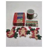 Vintage Christmas Lot – Mica Snow Box, Sleigh Bells, Bear JOY Wall Decor, Reindeer Mug