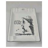 Vintage Humorous Ceramic Ashtray – Lumberjack Hanging from Tree Cartoon