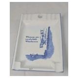 Vintage Humorous Ceramic Ashtray – Cowboy Falling Off Cliff Cartoon Blue Print