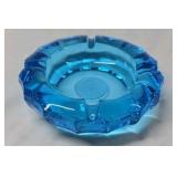 Vintage Blue Glass Ashtray – Scalloped Rim Embossed Eagle Medallion