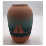 Vintage Sioux Pottery Vase – Teal Gradient Stepped Pueblo Design Signed