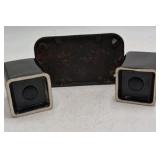 Vintage Black Ceramic Salt and Pepper Shakers with Chrome Caddy