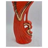 Vintage Ceramic Peacock Vase – Orange Glaze with Gold Accents