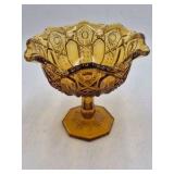 Amber Depression Glass Compote – Intricate Geometric Cut Bowl