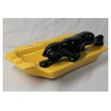 Vintage Yellow Ceramic Ashtray with Black Panther Figurine
