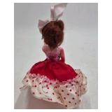 Vintage Small Brunette Vinyl Doll – Red Polka Dot Dress Large Bow