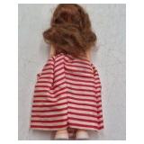 Vintage Small Vinyl Doll – Striped Red White Dress Fringed Top Pigtails