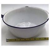 Vintage White Enamel Saucepan with Blue Rim