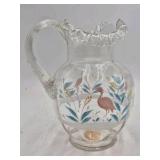 Vintage Glass Pitcher – Hand-Painted Heron and Foliage Design