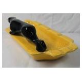 Vintage Yellow Ceramic Ashtray with Black Panther Figurine
