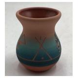 Vintage Sioux Pottery Vase – Teal Gradient Geometric Crosses Signed