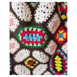 Vintage Crocheted Granny Square Afghan – Multicolor Oval Floral Motifs on Brown Ground