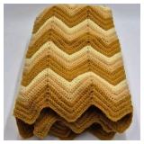 Vintage Hand-Crocheted Chevron Afghan – Mustard and Beige Tones