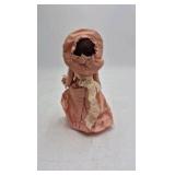 Vintage Miniature Doll – Peach Satin Dress with Oversized Bonnet