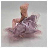 Vintage Miniature Doll – Pink Satin Dress with Net Overskirt and Large Bow Hat