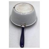 Vintage White Enamel Saucepan with Blue Rim