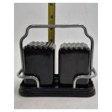 Vintage Black Ceramic Salt and Pepper Shakers with Chrome Caddy