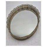 Vintage Filigree Mirrored Vanity Tray – Oval Gold Tone Border