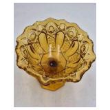 Amber Depression Glass Compote – Intricate Geometric Cut Bowl