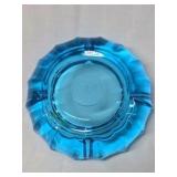 Vintage Blue Glass Ashtray – Scalloped Rim Embossed Eagle Medallion