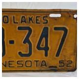 1952 Minnesota License Plate – 10,000 Lakes Yellow and Black