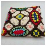 Vintage Crocheted Granny Square Afghan – Multicolor Oval Floral Motifs on Brown Ground