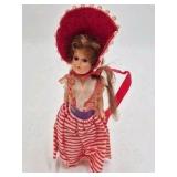 Vintage Small Vinyl Doll – Striped Red White Dress Fringed Top Pigtails