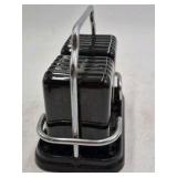 Vintage Black Ceramic Salt and Pepper Shakers with Chrome Caddy