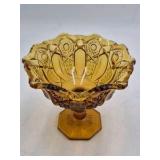 Amber Depression Glass Compote – Intricate Geometric Cut Bowl