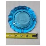 Vintage Blue Glass Ashtray – Scalloped Rim Embossed Eagle Medallion