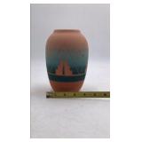 Vintage Sioux Pottery Vase – Teal Gradient Stepped Pueblo Design Signed