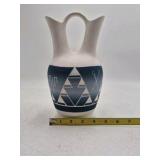 Handmade Pottery Pitcher – Geometric Blue and White Design Signed