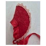 Vintage Small Vinyl Doll – Striped Red White Dress Fringed Top Pigtails